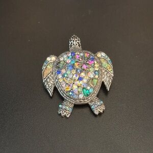 Elegant Silver Turtle Brooch with Multicolor Crystals